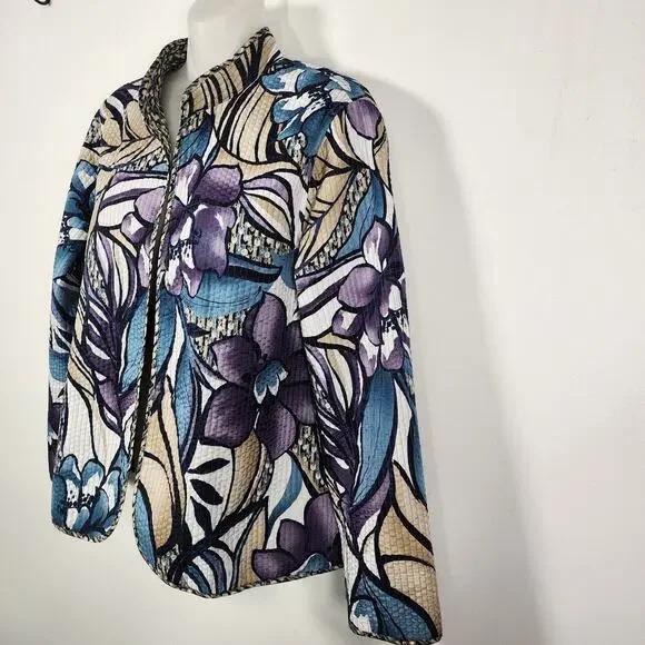 Alfred Dunner Womens Reversible Floral Quilted Jacket Open Front 10P Lightweight - Picture 5 of 9